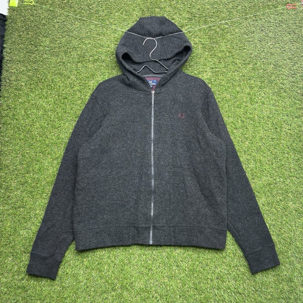Fred Perry Jacket Mens Medium Wool Coat Zip Up Grey Hooded Preppy Designer